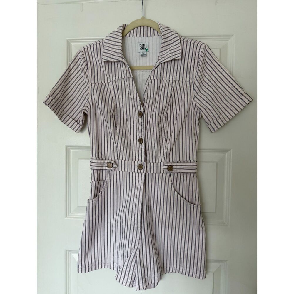 BDG Urban Outfitters White Denim Romper Navy Pink Stripe Western Small